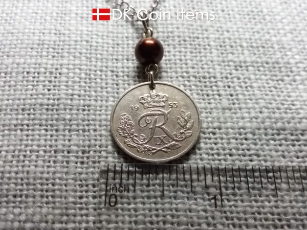 Denmark 1953 coin necklace. 71 year Crown R-monogram 25 ore pendant on bead