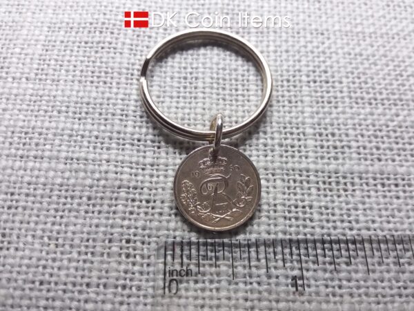 Denmark 1960 coin keychain. Crowned R-monogram 10 ore coin as pendant on keyring.