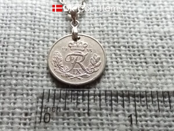 Denmark 1955 coin necklace. 69 year old R-monogram 10 ore pendant on pinch bail