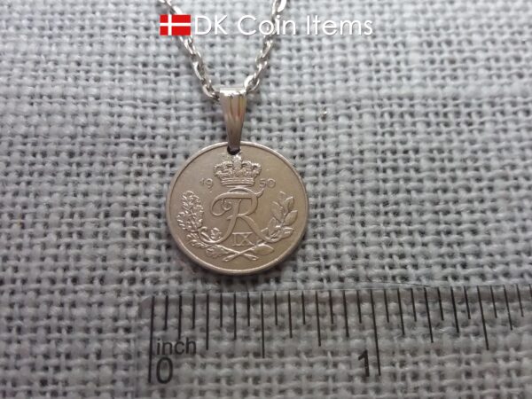 Denmark 1950 coin necklace. R-monogram 10 ore. 74 year old pendant on snap lock.