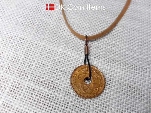 Denmark 1938 coin necklace. Crowned C-monogram 2 ore coin.