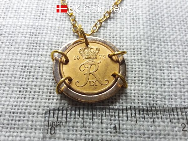 Denmark 1972 coin necklace. Crown R-monogram 5 ore 52 year old pendant