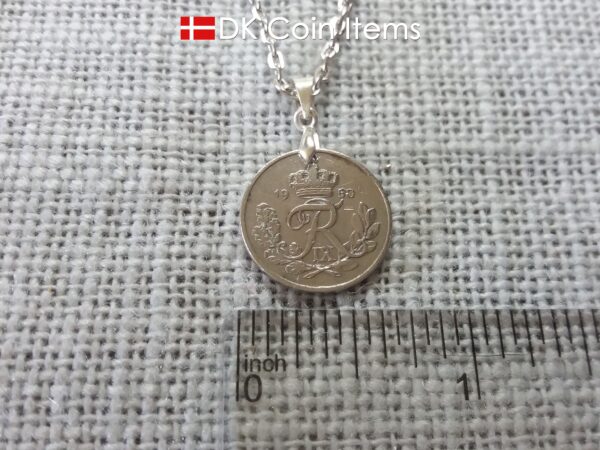 Denmark 1950 coin necklace. 74 year old R-monogram 10 ore pendant on pinch bail.