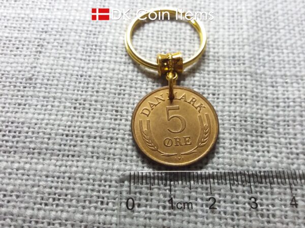 Denmark 1972 coin keychain. Crown R-monogram 5 ore 52 year old pendant