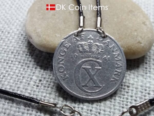 Denmark 1941 coin necklace - Initial C pendant - 5 ore - Crowned monogram - King Christian X - Danish vintage souvenir - Cord included - #41007