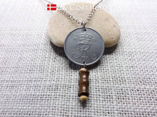 Denmark 1959 coin necklace - Initial R pendant - 5 ore - Crowned monogram - King Frederik IX - Danish vintage souvenir - Cord/chain options - #41007