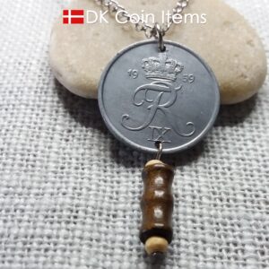 Denmark 1959 coin necklace - Initial R pendant - 5 ore - Crowned monogram - King Frederik IX - Danish vintage souvenir - Cord/chain options - #41007