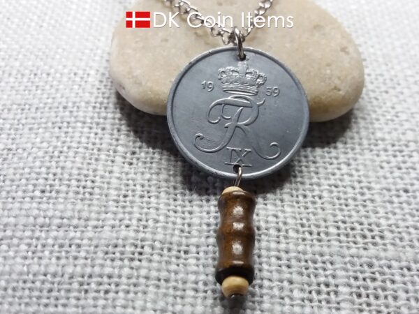 Denmark 1959 coin necklace - Initial R pendant - 5 ore - Crowned monogram - King Frederik IX - Danish vintage souvenir - Cord/chain options - #41007