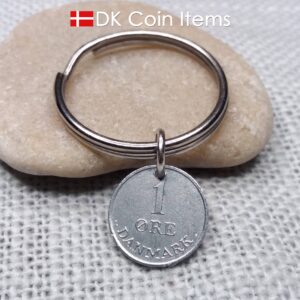 Denmark 1 ore 1969 coin keychain - Initial R pendant - Crowned monogram - King Frederik IX - Danish vintage souvenir - 1st anniversary gift