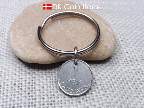 Denmark 1 ore 1969 coin keychain - Initial R pendant - Crowned monogram - King Frederik IX - Danish vintage souvenir - 1st anniversary gift