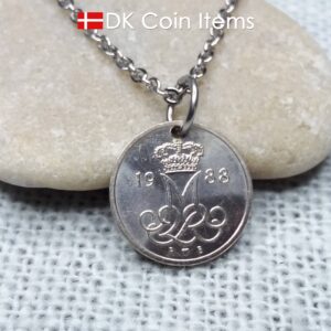 Denmark 1988 coin necklace - Initial M pendant - 10 ore - Crowned monogram - Queen Margrethe II - Danish vintage souvenir