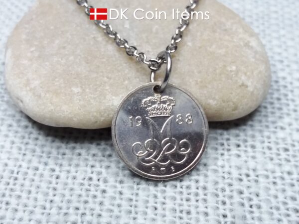 Denmark 1988 coin necklace - Initial M pendant - 10 ore - Crowned monogram - Queen Margrethe II - Danish vintage souvenir