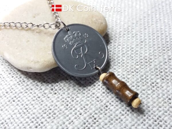 Denmark 1959 coin necklace - Initial R pendant - 5 ore - Crowned monogram - King Frederik IX - Danish vintage souvenir - Cord/chain options - #41007