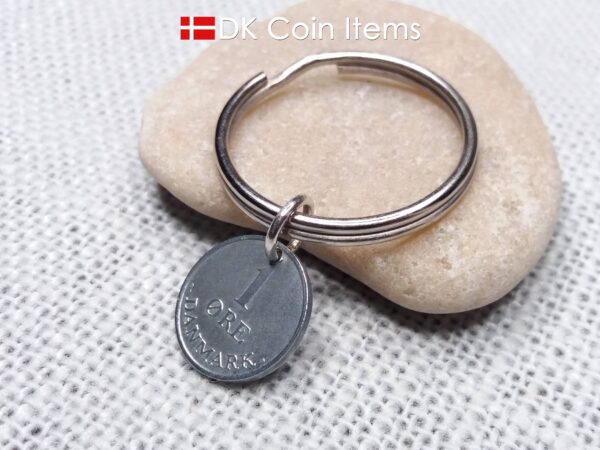 Denmark 1 ore 1969 coin keychain - Initial R pendant - Crowned monogram - King Frederik IX - Danish vintage souvenir - 1st anniversary gift