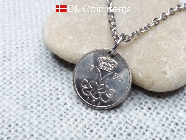 Denmark 1988 coin necklace - Initial M pendant - 10 ore - Crowned monogram - Queen Margrethe II - Danish vintage souvenir