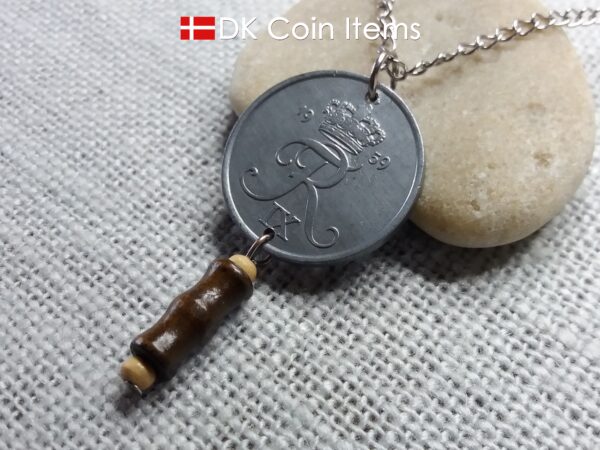 Denmark 1959 coin necklace - Initial R pendant - 5 ore - Crowned monogram - King Frederik IX - Danish vintage souvenir - Cord/chain options - #41007