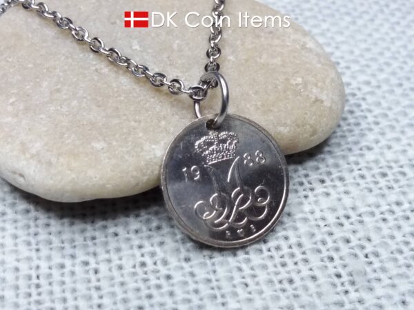 Denmark 1988 coin necklace - Initial M pendant - 10 ore - Crowned monogram - Queen Margrethe II - Danish vintage souvenir