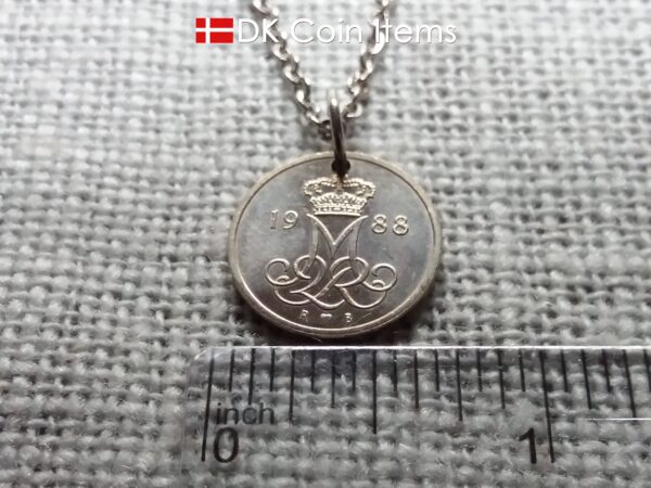 Denmark 1988 coin necklace - Initial M pendant - 10 ore - Crowned monogram - Queen Margrethe II - Danish vintage souvenir