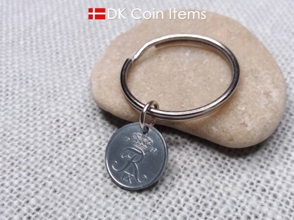 Denmark 1 ore 1969 coin keychain - Initial R pendant - Crowned monogram - King Frederik IX - Danish vintage souvenir - 1st anniversary gift